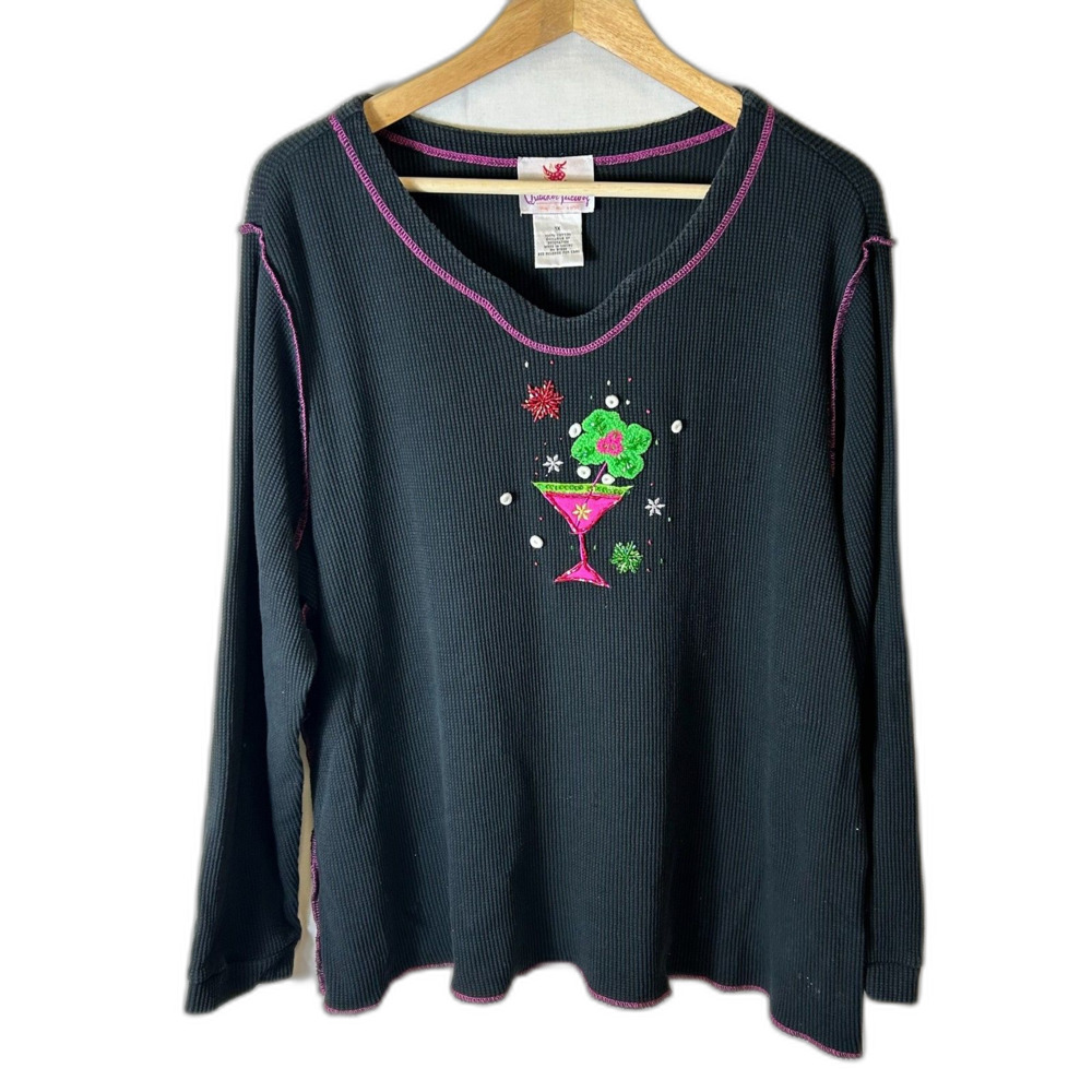 Quacker Factory Black Thermal Knit Holiday Cocktail V-Neck LS T-Shirt Size 1X